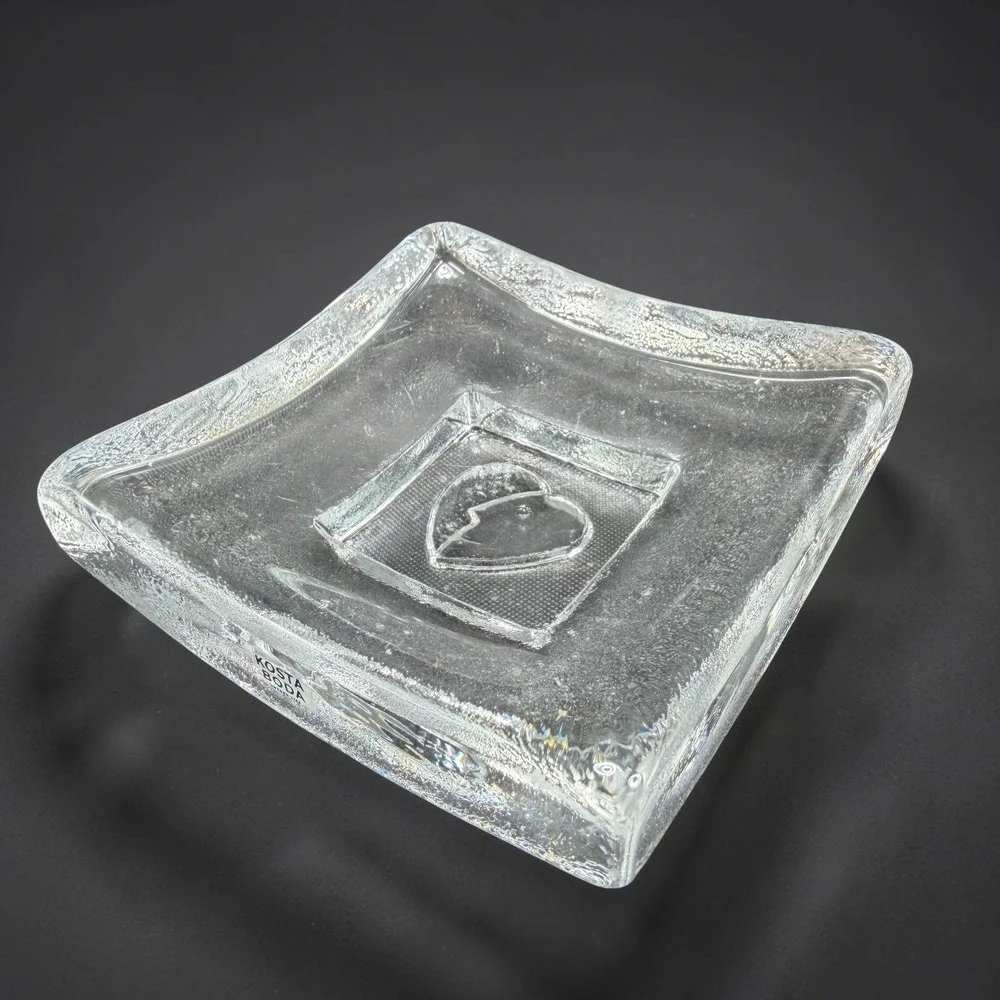 Kosta Boda Swedish Glass Square Heart Footed Dish Clear Bertil Vallien Saturday